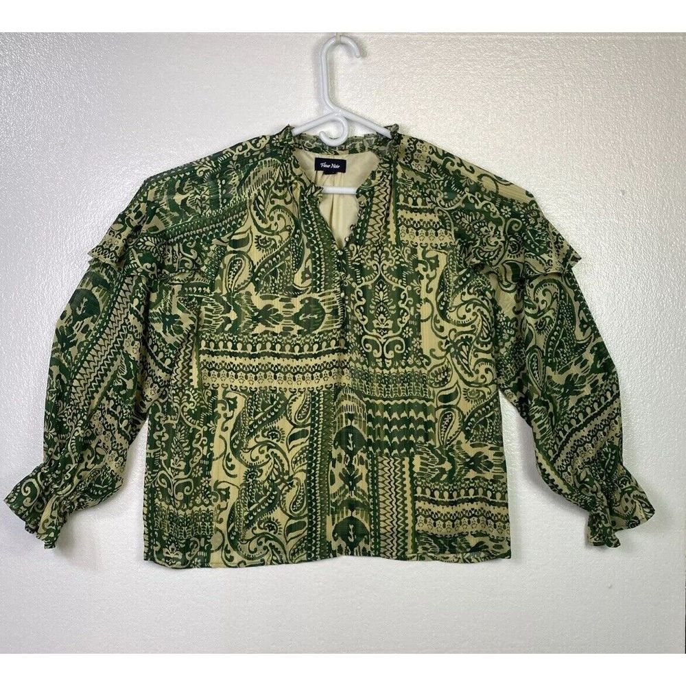 Fleur Noir Top Womens Sz XL Green Gold Blouse Boho Ruffle sleeve Lined